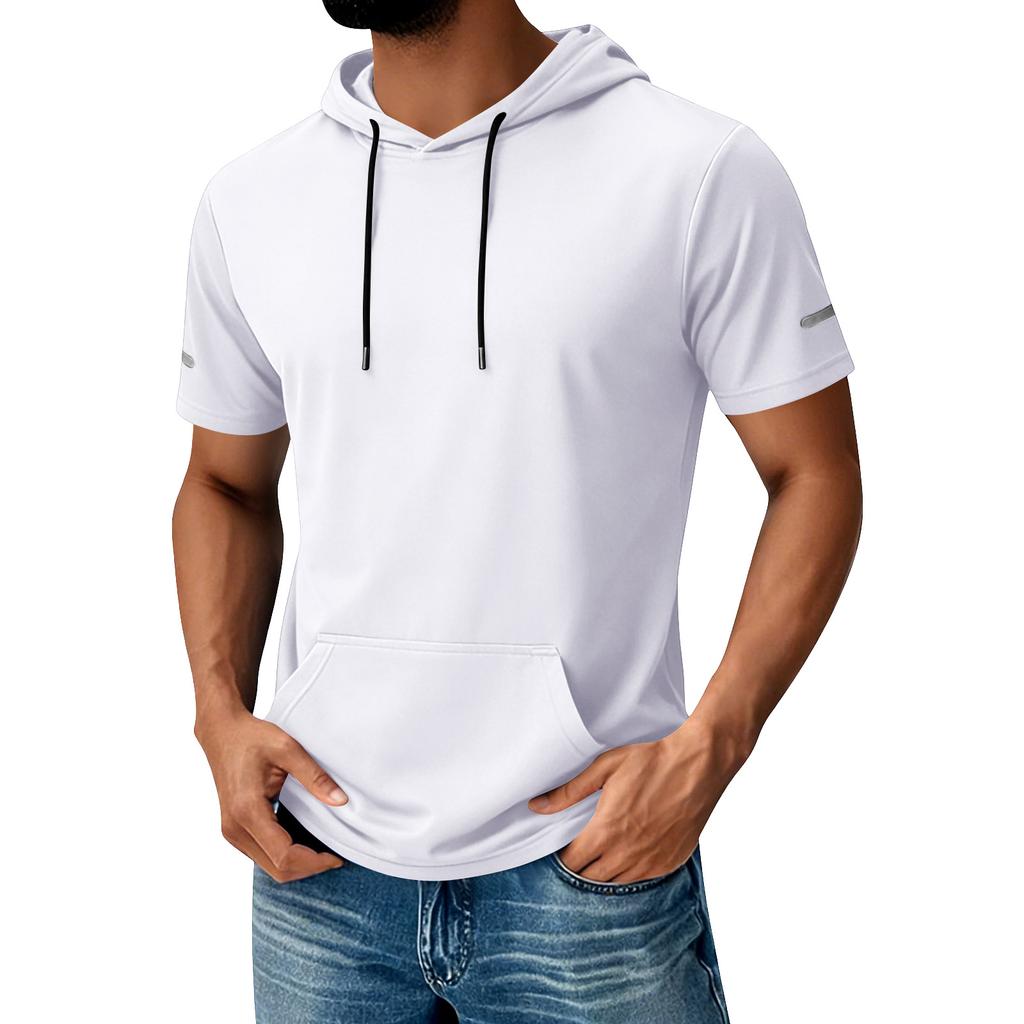 Men's Hooded Pocket Top  Men's Casual Sports Quick Drying Short Sleeved Top