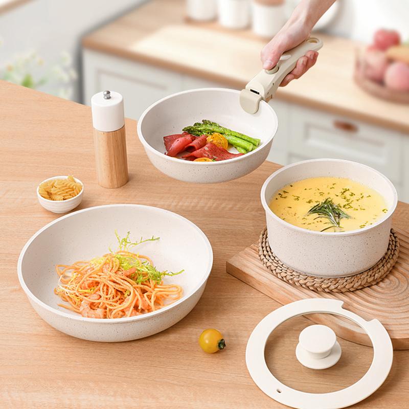 Съемная ручка Набор посуды Гранитное покрытие Антипригарные кастрюли Кастрюля для молока Сковорода Сотейник Компактный кухонный набор Штабелируемое хранение Индукционная плита Кастрюля