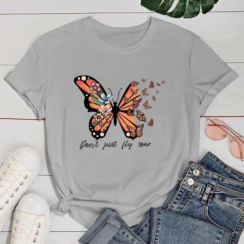 (Премиум-футболка)Новые женские летние футболки с надписью Butterfly Don't Just Fly Soar, повседневные футболки с коротким рукавом