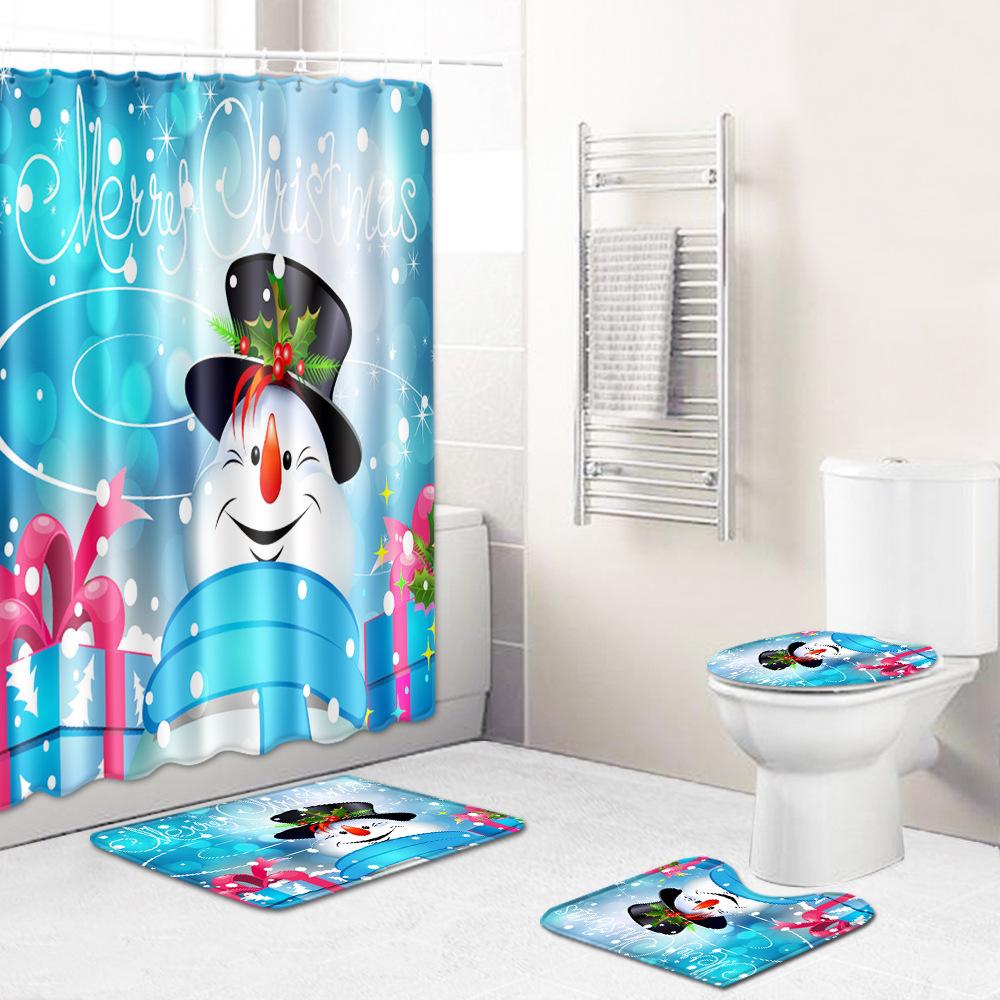 Christmas Waterproof Shower Curtain Four-Piece Floor Mat Combination Set Household Door Mat Bedroom Living Room Carpet