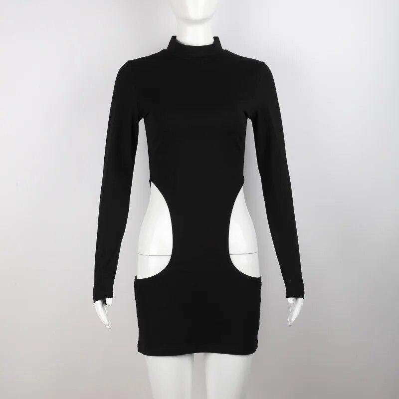 Черная облегающая мини-юбка, женское сексуальное уличное платье с полыми рукавами и длинными рукавами, праздничное платье, женская майка на весну и осень