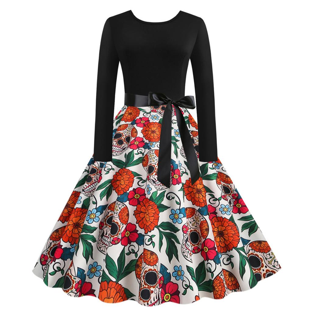 Женская мода с длинным рукавом и круглым вырезом, повседневное платье с подолом на Хэллоуин