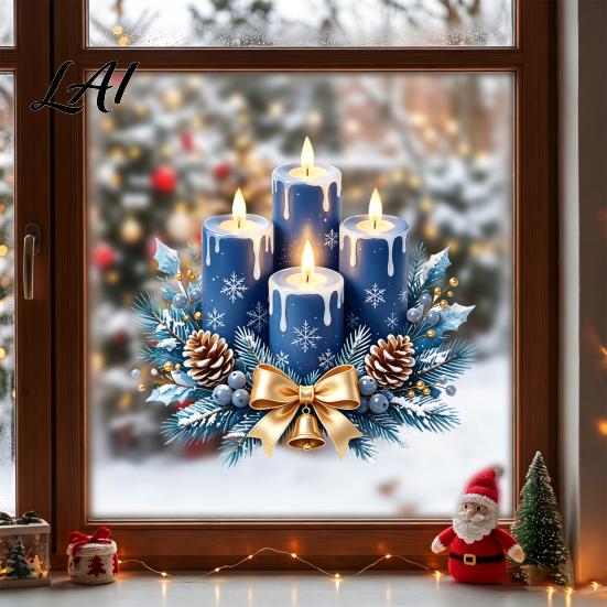 Creative Winter Gift Ideas Christmas Static Window Clings Blue Candle Wreath Stickers No‑Glue Holiday Glass Clings Reusable Decals for Home