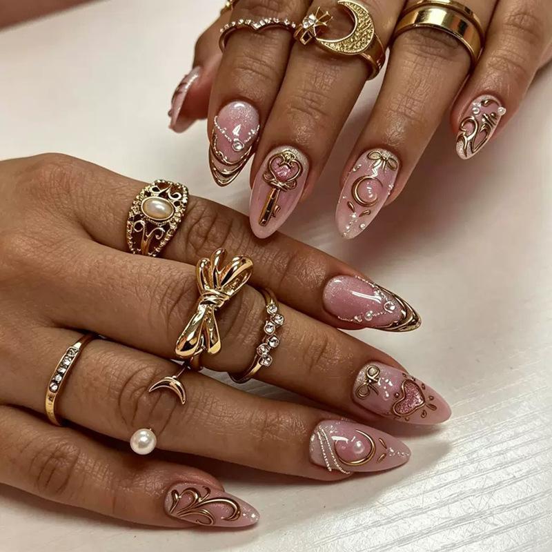 30 Pieces Of Wearable Nails 3d Gilt Nude Pink Almond Love Key Pearl Gold Edge Manicure Nail Pieces