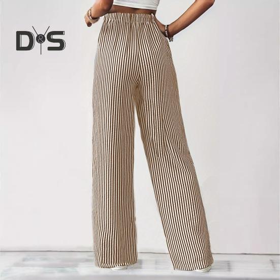 Женские брюки, регулируемые по талии, с эластичной резинкой на шнурке, длинные брюки средней посадки с карманами, широкие повседневные брюки с полосатым принтом