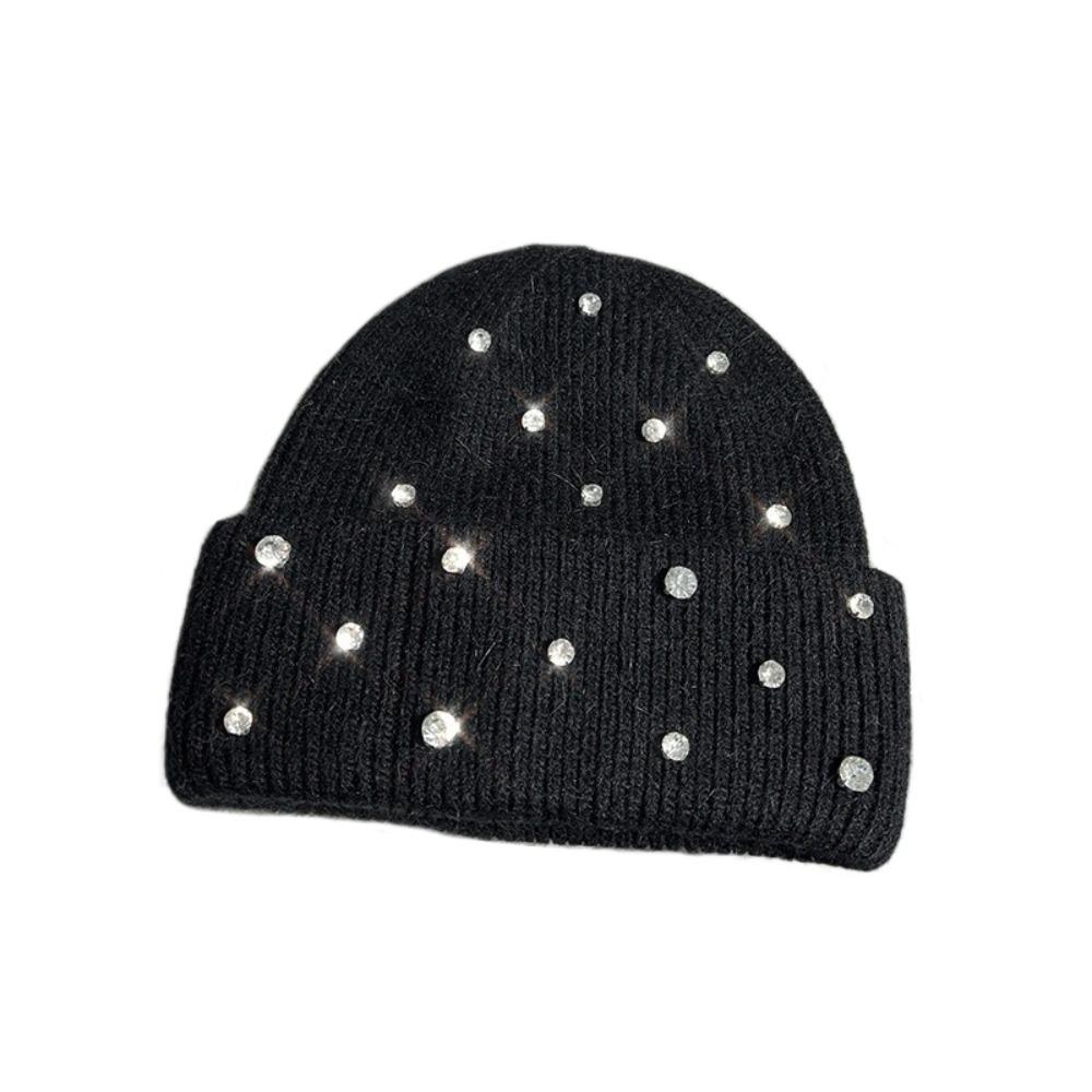 Rhinestone Beads Pullover Yarn Hat Rabbit Fur Warm Bonnet Beaanies Korean Wool Skullies Cap Women