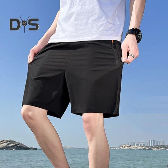 Мужские спортивные шорты, однотонные, прямые, с эластичной резинкой на талии, повседневная одежда, карманы на молнии, ретро, ​​тонкие летние шорты выше колена, мужская одежда