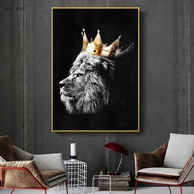 Lion Canvas Painting Wall Art Animals King and Queen with Golden Crown Posters and Prints Wall Art Pictures for Home Decoration