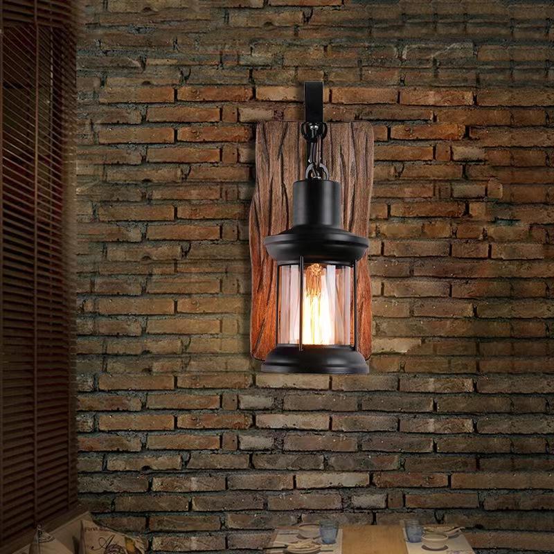 Single Head Industrial Retro Solid Wood Wall Lamp Nostalgic Style Decorative for Home Corridor Courtyard Bar Cafe Door Lighting