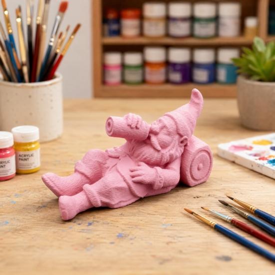 3D Printed Drunken Gnome Figurine, Lying Drinking Dwarf Statue, Matte Pink Decor Ornament with Clear Texture, Stable Base for Garden Flower Pot Desk
