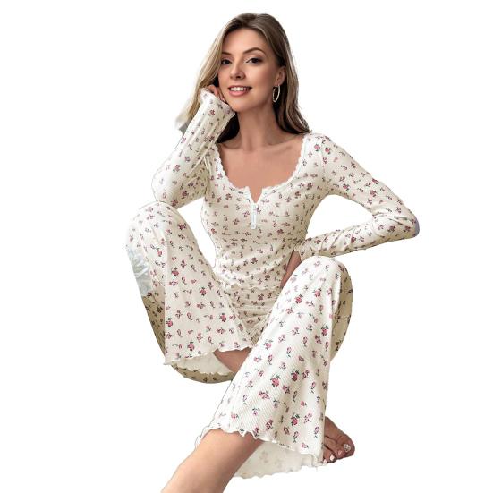 Women's Floral Long Sleeve Pajama Set Crop Top And Wide Leg Pants Sleepwear Set Casual 2 Piece Pjs Lounge Set