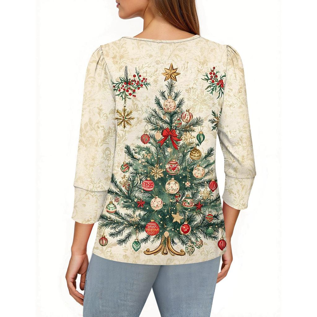 Женская мода Повседневная рубашка с принтом 'Рождество' 3/4 цвета Женские топы с круглым вырезом