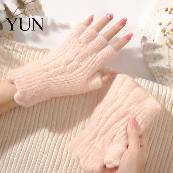 Jacquard Pattern Knit Gloves Vintage for Women, Thickened Thermal Half Finger Touchscreen Compatible Winter Mittens with Elastic Wrist Cuff Typing And