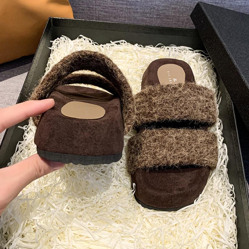 Интернет знаменитости популярные пушистые тапочки с толстой подошвой женская одежда 2024 новая мода простые высокочувствительные домашние хлопковые тапочки прилив