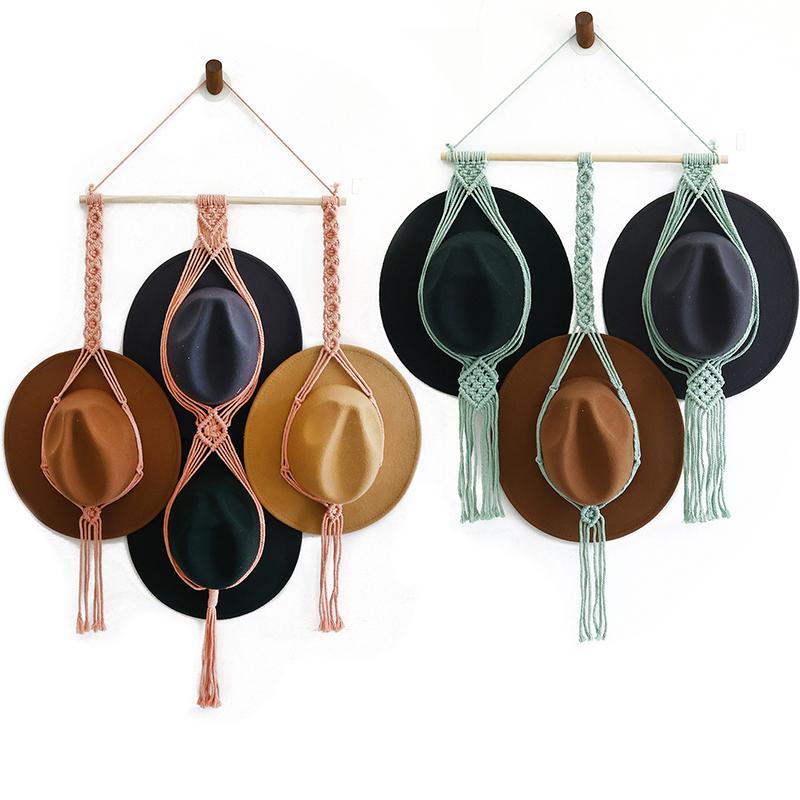 Скандинавский стиль Плетеный вручную Стойка для хранения шляп Многослойный Настенный органайзер для шляп и шарфов для спальни Держатель для демонстрации Богемный гобелен с кисточками