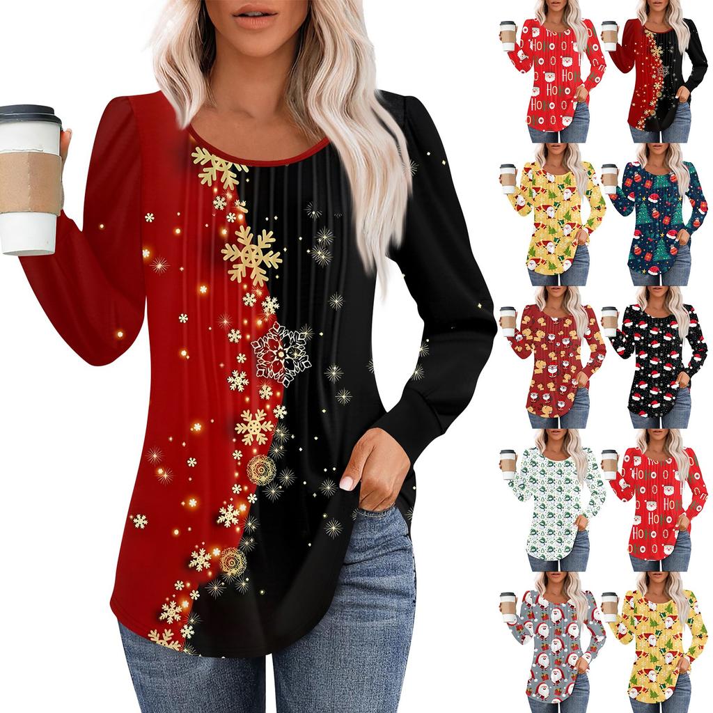 Рубашки с длинным рукавом для женщин, топы, нарядные повседневные блузки с рождественским принтом, плиссированные туники с круглым вырезом