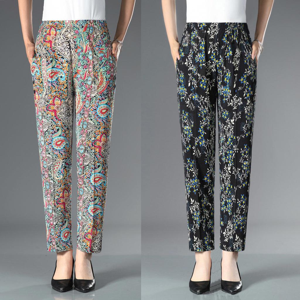 Летние брюки с цветочным принтом для женщин среднего и пожилого возраста. Эластичные брюки с высокой талией и цветочным принтом больших размеров для женщин среднего возраста.