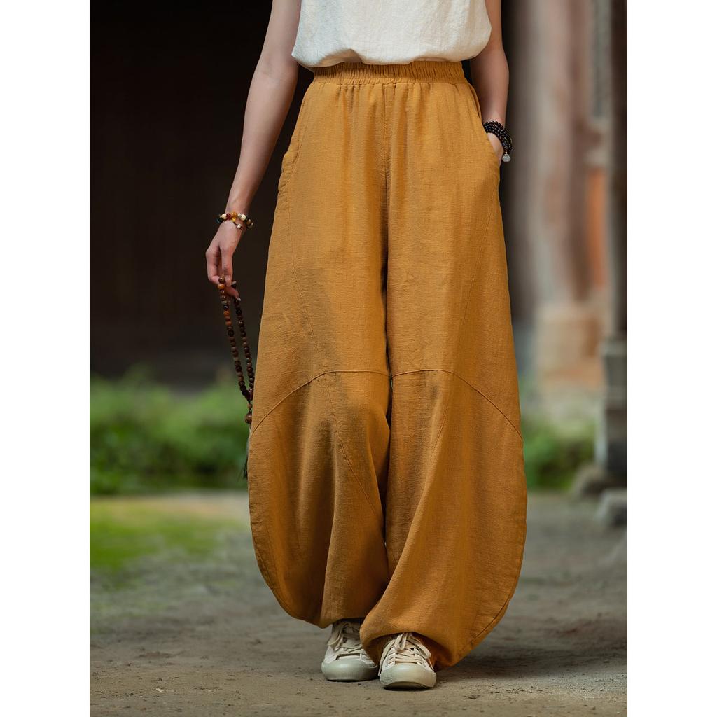 Women Vintage Ramie Cotton Linen Pants Elastic Waist Wide Leg Trousers Spring Summer Tie-dye Harem Pants Loose Bloomers