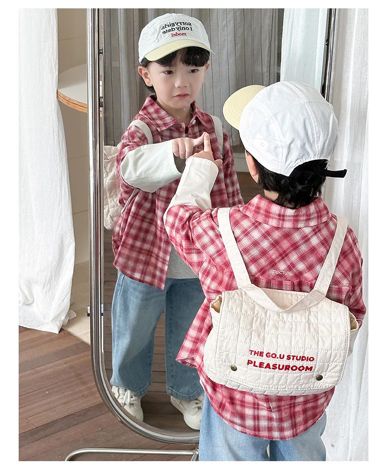 Детская рубашка с красными лацканами в клетку — в стиле колледжа, весна/осень 2025 г., комплект из двух предметов для мальчиков и девочек