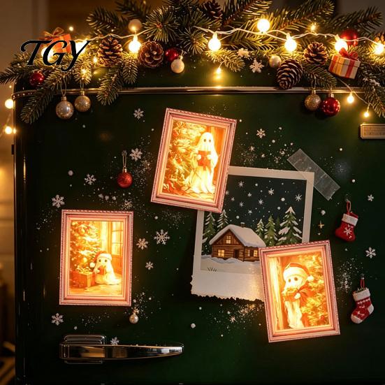 Christmas Refrigerator Magnets 3Pcs Light-up Frame Magnet, Vintage Wooden Picture Frames with Lights Fridge Glowing Magnetic Holder for Cabinet Locker