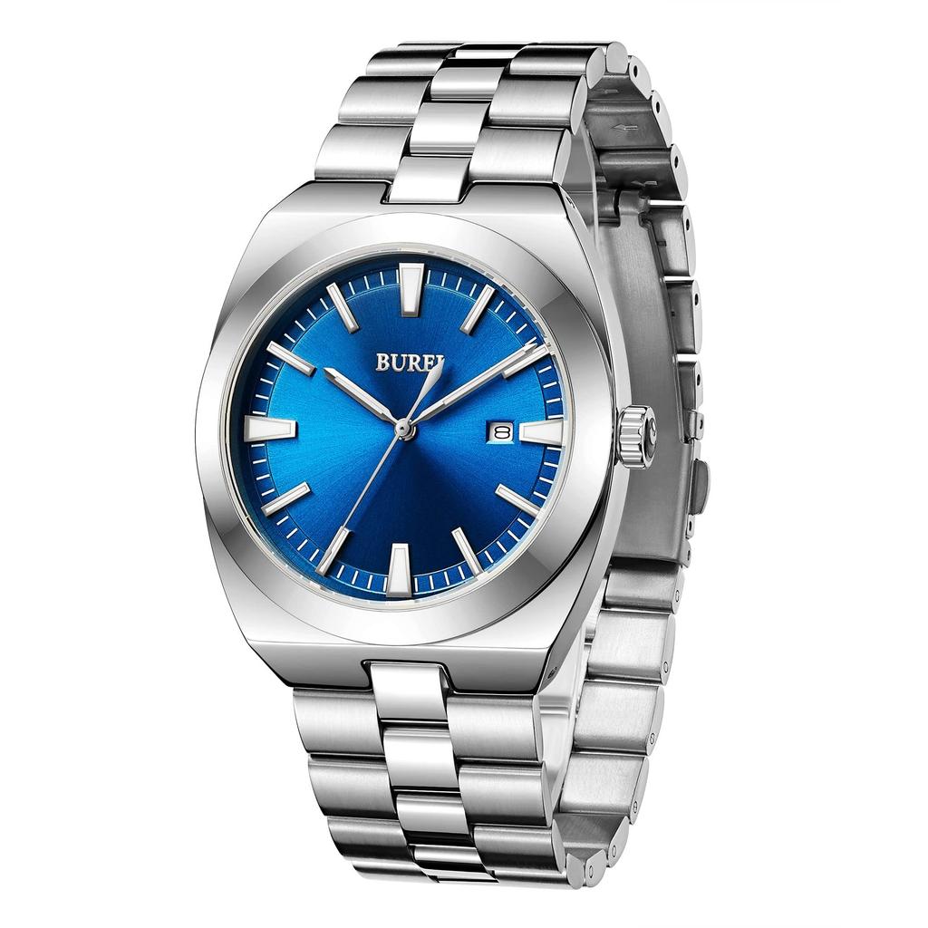 BUREI Analog Quartz Large Date Silver Watch for Gift Men's Watch, Simple, Waterproof, Silver, Dial, Display, Popular, Stylish, Gentleman's, Business,