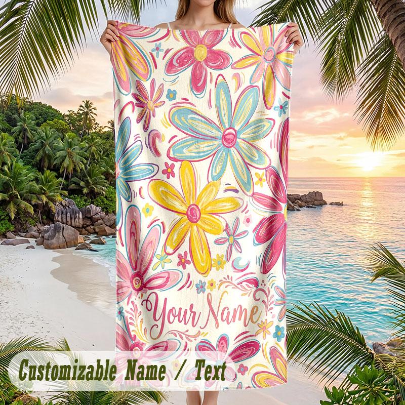 Floral Art 9 Theme Quick Dry Beach Towel Custom Name Text Print Large Sand Resistant Towel Beach Vacation