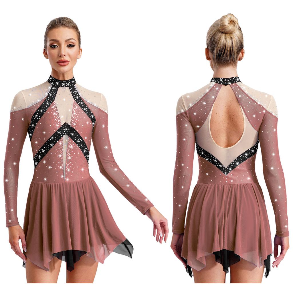 Women Figure Skating Performance Costume Sheer Mesh Rhinestones Leotard Dress for Modern Lyrical Dance Gymnastics Acrobatics