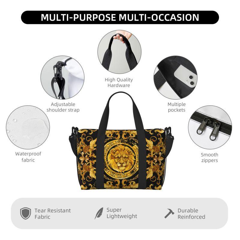 Golden Lion Baroque Pattern Travel Duffel Bag Personalized Weekender Overnight Bags with Shoulder Strap Unisex Sports Gym Bag