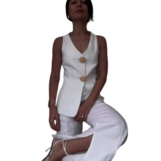 2 шт./комплект женский жилет брюки костюм V-образный вырез застегивается на пуговицы без рукавов топ широкие свободные брюки формальный деловой стиль пригородный наряд