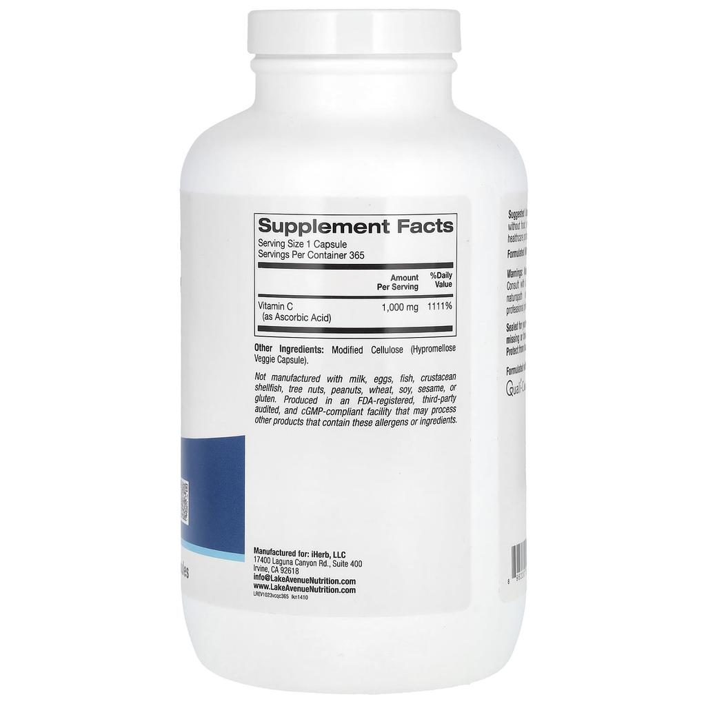 Lake Avenue Nutrition, Витамин С, Quali-C, 1000 мг, 365 растительных капсул