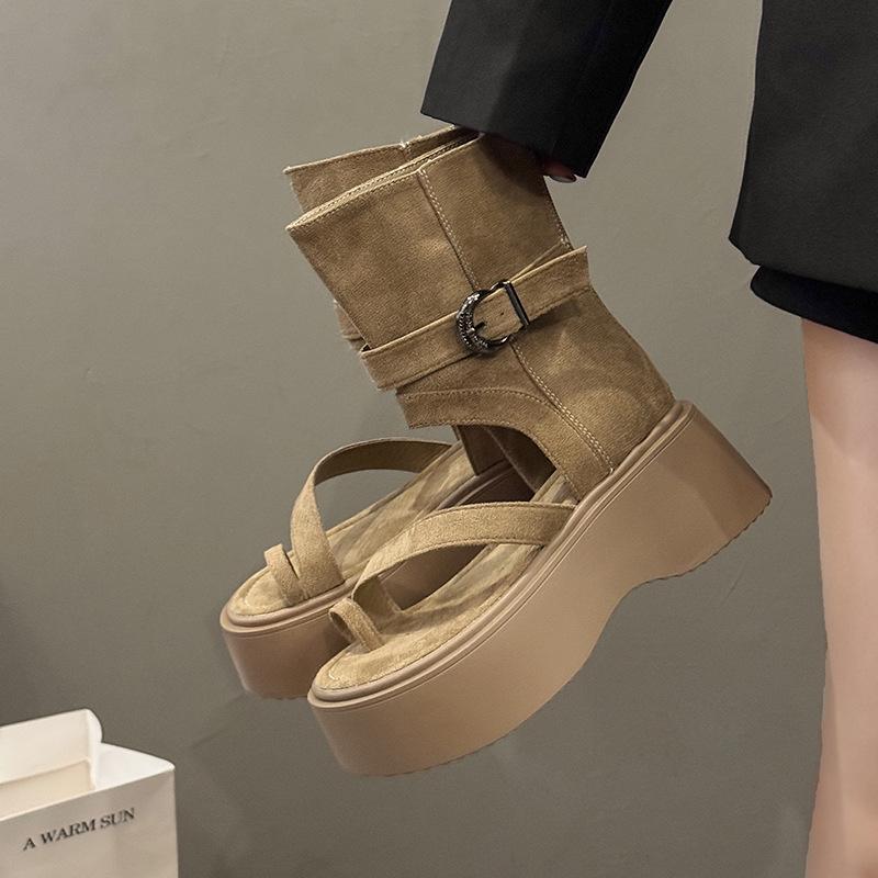 Ретро крутые ботинки на толстой подошве женские 2025 лето новая мода сандалии с закрытым носком на высокой платформе ботильоны на молнии