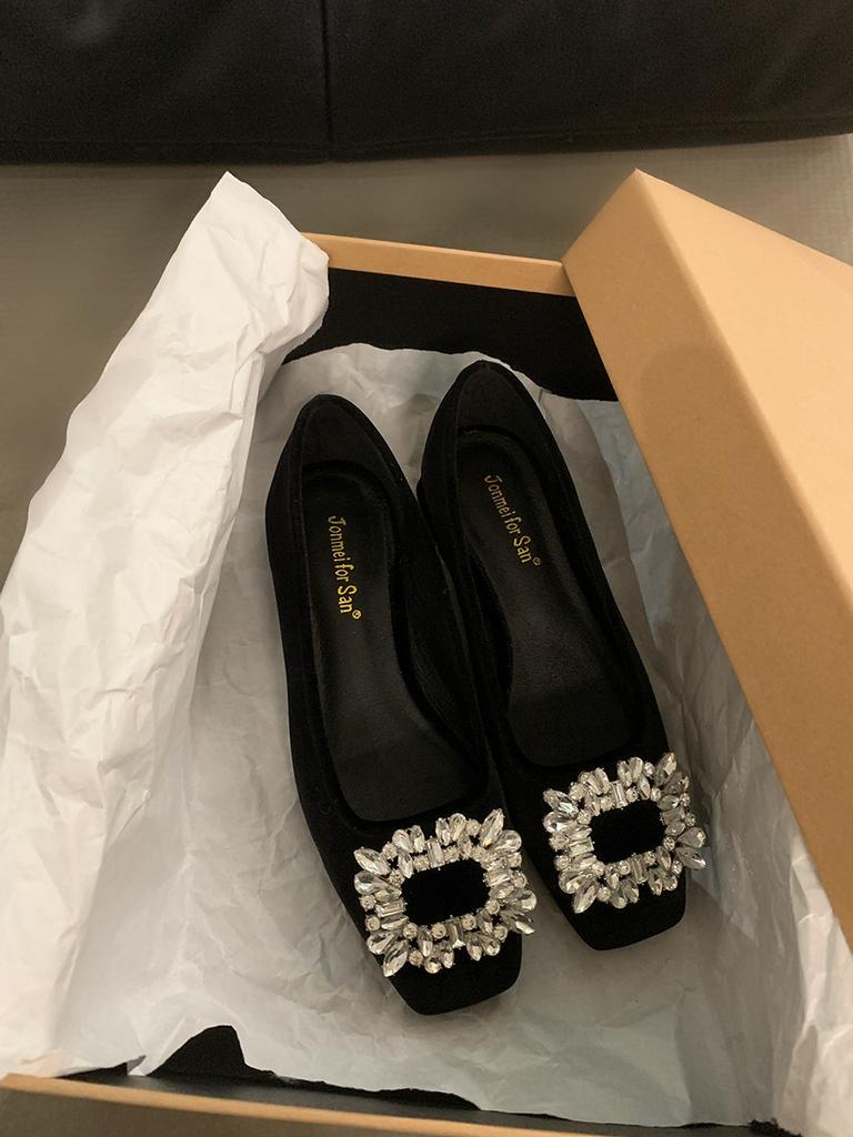 Coarse Heel French Rhinestone Temperament Single Shoes Women's Shoes 2025 New Spring and Autumn Black Square Head High-end Commuting Shoes