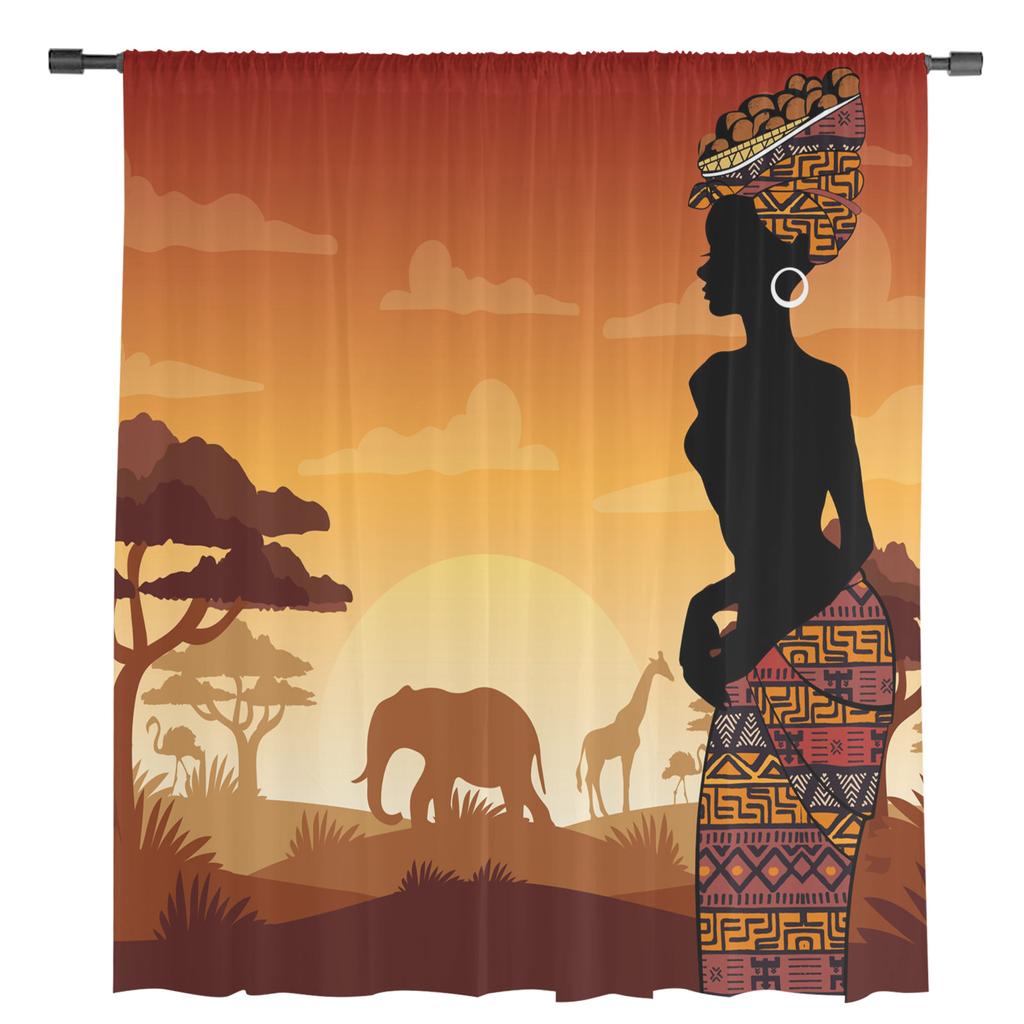 Africa Woman Giraffe Elephant Silhouettes Sheer Curtains for Living Room Decoration Window Curtains Kitchen Tulle Voile Curtains