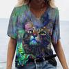 Summer V-neck 3D Cat Pattern Printed Top Fashionable Casual Short Sleeved Women's T-shirts