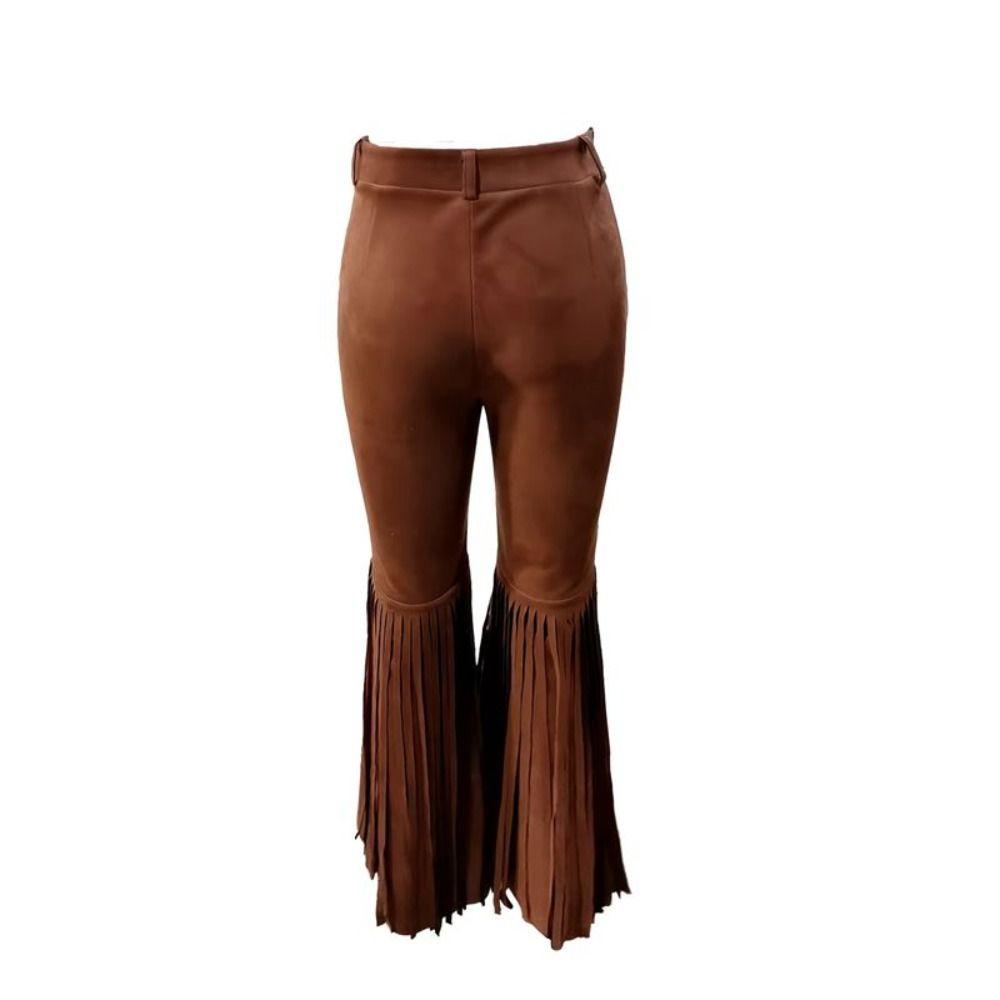 Solid Color Suede Tassel Pants Fringe Hem Slim Fit Flare Pants Retro High Waist Trousers Party