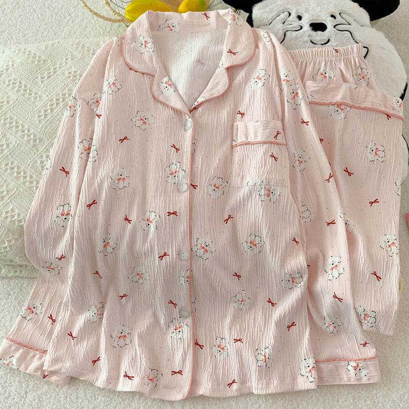 cute sweet puppy long-sleeved pajamas women's spring girl suit wrinkled cloth comfortable loungewear real shot