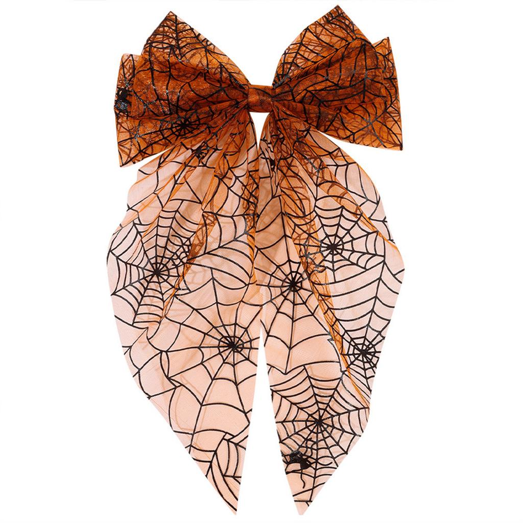 Halloween hair clip with mesh large bow and spring clip, quirky pumpkin holiday party costume hair accessory