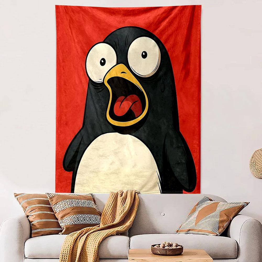 Surprised Cartoon Penguin on Red Background Patterned tapestry home decor, suitable for bedroom and living room, gift