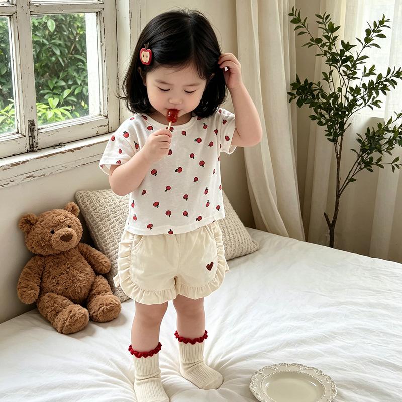 Baby Summer Suit Girls Cute Thin Short-Sleeved T-Shirt Plus Fashionable Lace Shorts Summer Baby Children'S Clothing