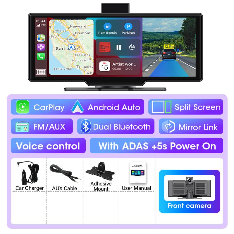 10,26-дюймовый 4K-видеорегистратор для автомобиля ADAS DVR, беспроводной Carplay и Android Auto, экран BT, WiFi, GPS-навигация, видеорегистратор, AUX-зеркало, монитор
