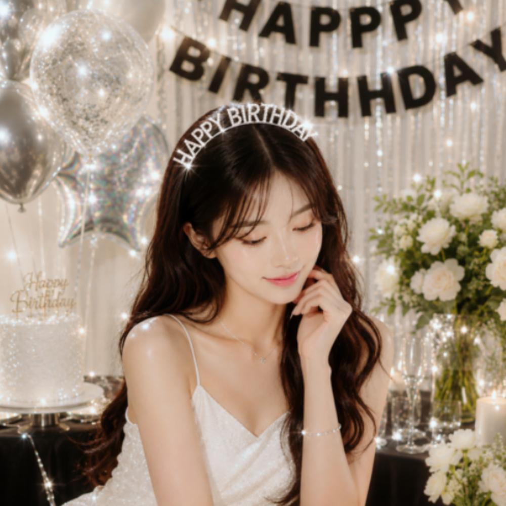 EDZON "Happy Birthday"  Two(2) Headbands (Silver+RoseGold)