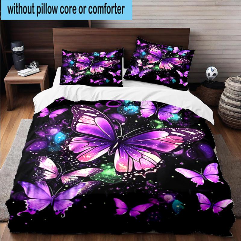Purple Butterfly Dreams 3pcs Bedding,Including 1pc Duvet Cover And 2pcs Pillowcases Perfect for Christmas,Ideal for Bedroom, Dormitory