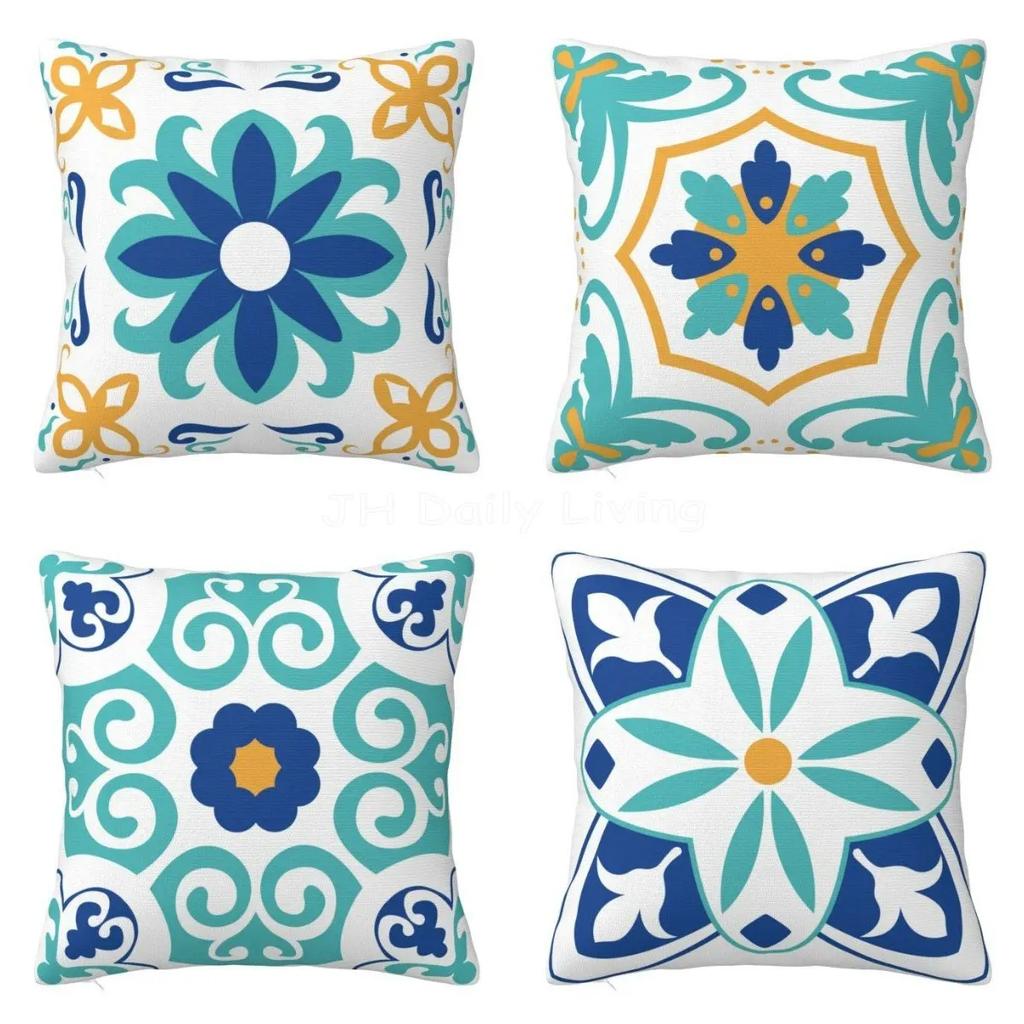 Throw Cushion Cover Boho Blue Floral Print Pillow Case Home Farmhouse Pillow Cover for Outdoor Patio Funiture Garden x Inch