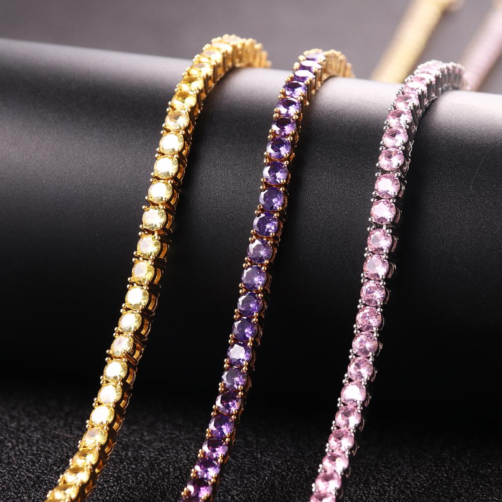 4mm Tennis Chain Purple Pink Yellow Chain Micro-set Zircon Single Row Chain Hip Hop Necklace Women Exquisite Gifts