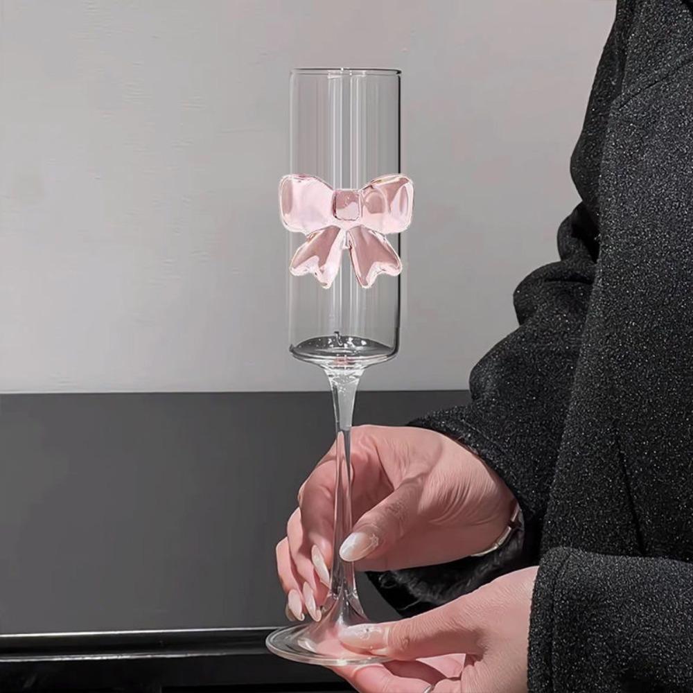 2 pieces Clear Pink Bow Champagne Glass Ultra Thin High Feet Wine Glass Drinking Glasses  Martini