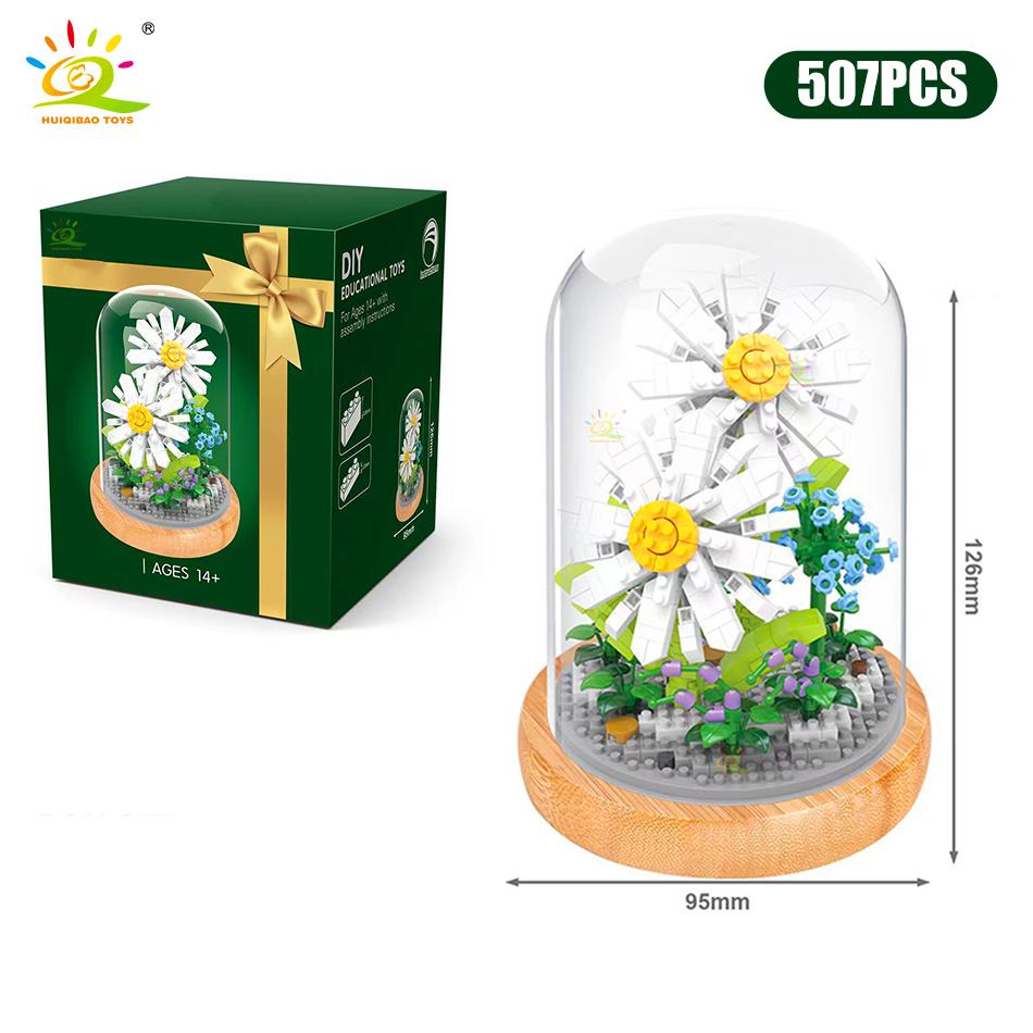 Цветок розы и хризантемы в горшках, строительные блоки, 3D модель букета, подсолнух, кирпичи, детские игрушки, подарок для девочек-друзей
