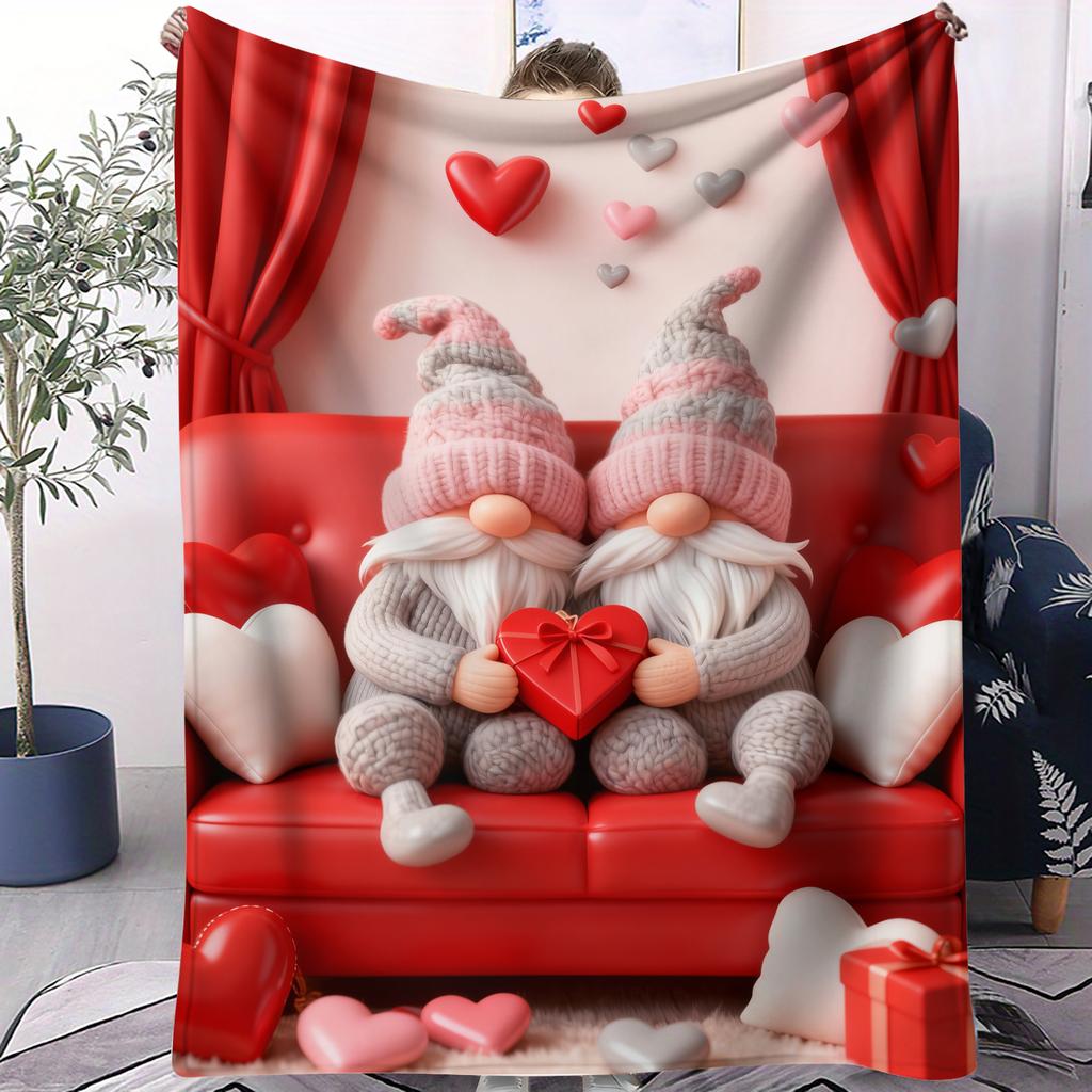 Lovely Gnome Couple Flannel Blanket with Heart Pattern Warm Throw Lightweight Cozy Cover for Living Room Valentines Day Gift