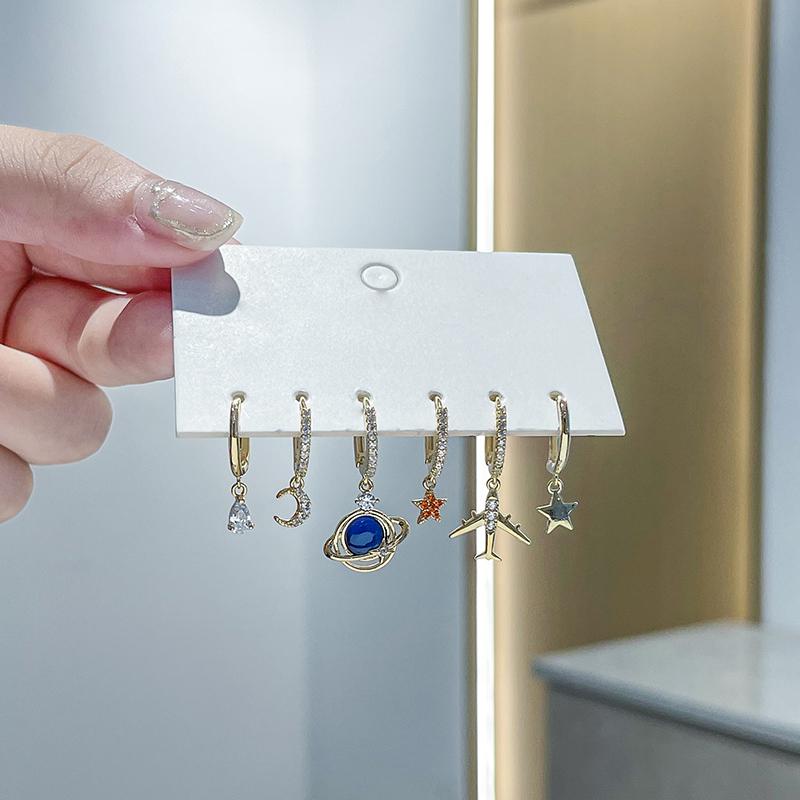 ANENJERY Наборы сережек-кольца из 6 предметов с цирконом, самолетом, планетой, Луной, звездой для женщин, роскошные блестящие ювелирные изделия