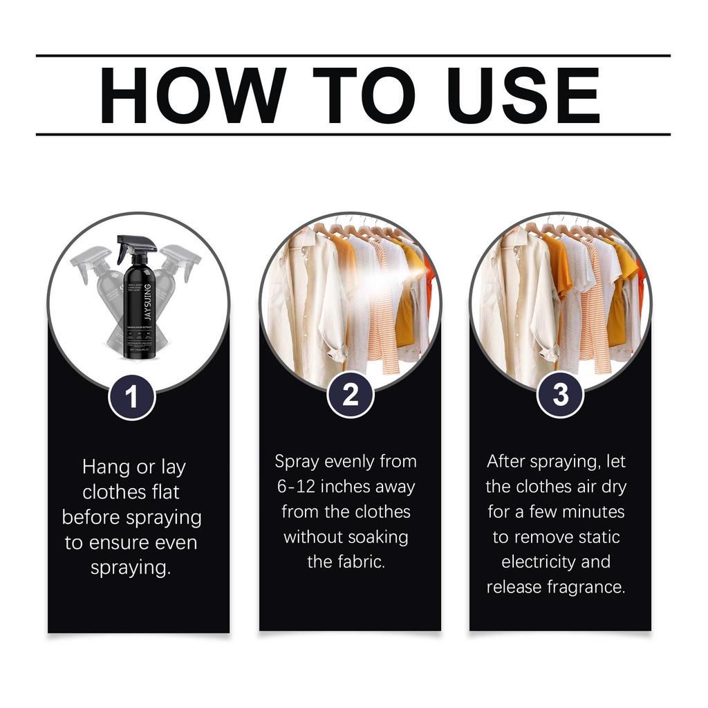 Clothing freshening spray with luxurious long-lasting fragrance removes static electricity and is convenient for on-the-go use