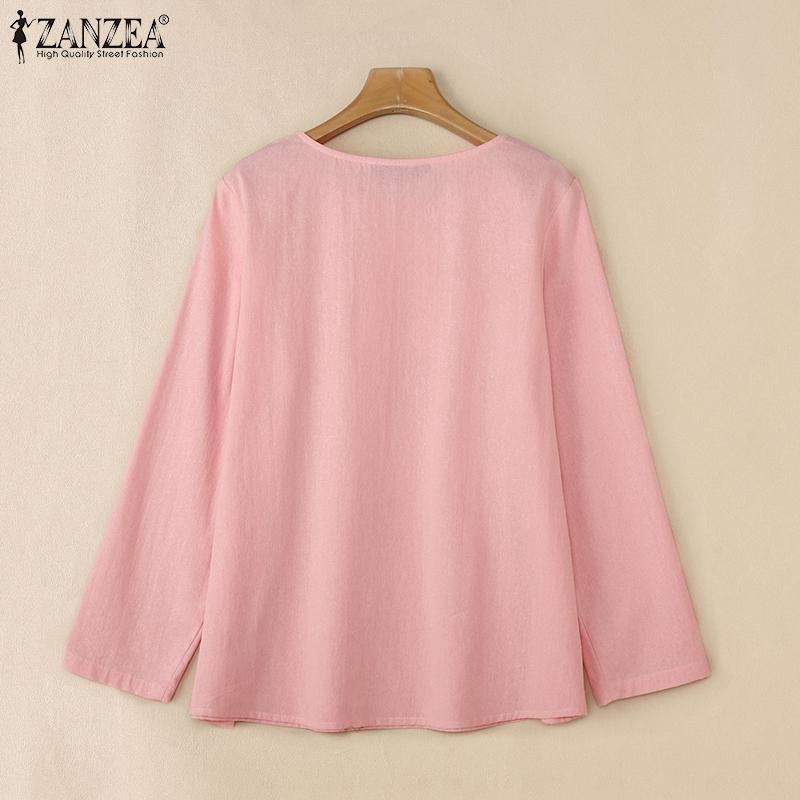 ZANZEA Женские хлопковые однотонные блузки с круглым вырезом и длинным рукавом